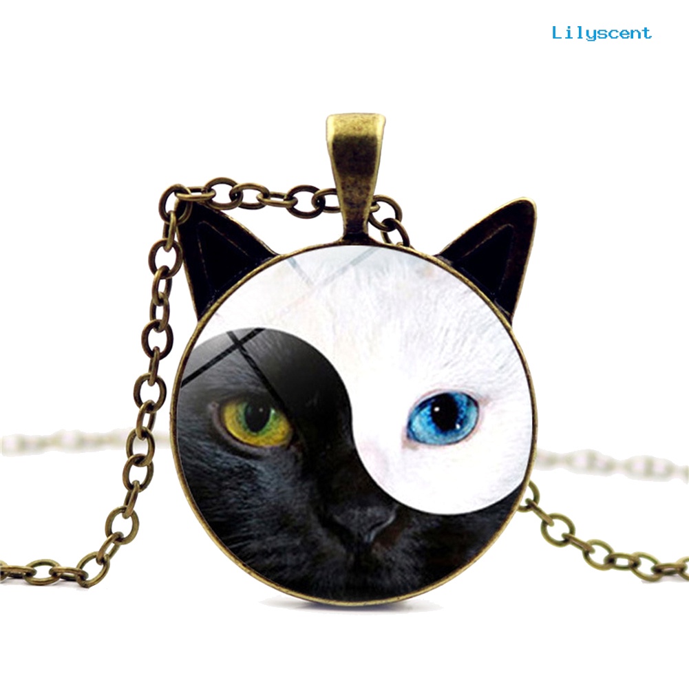 [LS] Wanita Tai Chi Yin Yang Kucing Kaca Liontin Kalung Rantai Perhiasan Hadiah