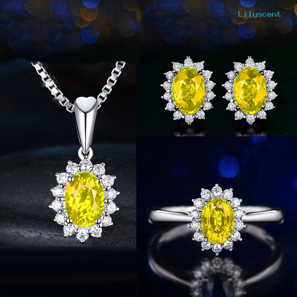 [LS] Wanita Berlian Imitasi Bertatahkan Oval Liontin Kalung Anting Cincin Terbuka Set Perhiasan