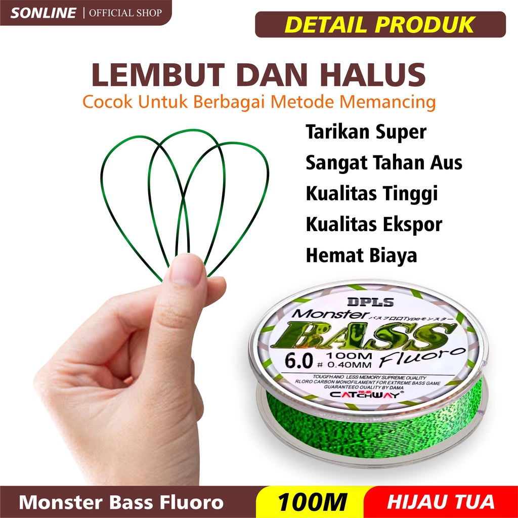 SONLINE Tali Pancing  Bass FLUOROCARBON 100M Warna Hijau Tua Senar Pancing Fishing Line Strength 4.20kg-16.5kg Sangat kuat