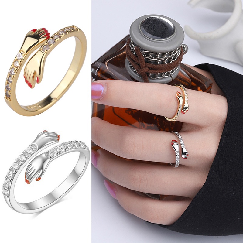 Zircon Hug Rings Untuk Wanita Tembaga Geometris Peluk Pasangan Adjustable Ring Pernikahan Natal Aesthetic Perhiasan Hadiah Anillos