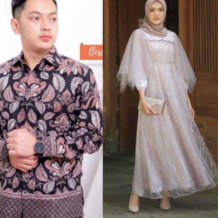 Sale Set Couple Luna Dress Brokat Modern Series Pasangan Gamis Brukat Batik Terbaru Mocca Grey Latte