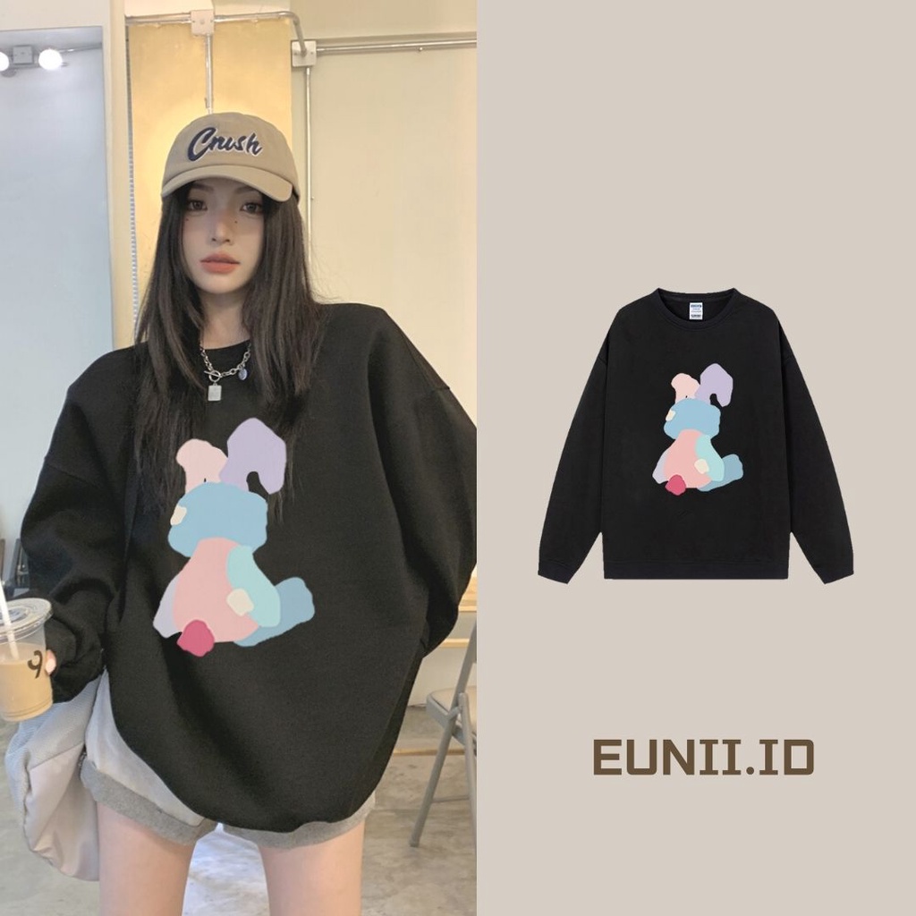 EUNII Sweater Lengan Panjang Cartoon Rainbow Bunny Korean Style/Sweater Crop/Baju Wanita/Switer Wanita/Switer