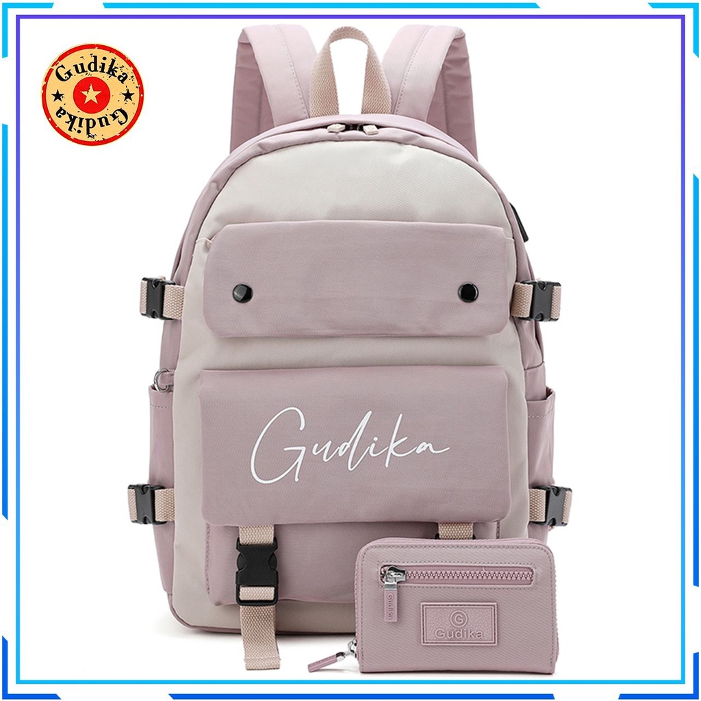 GUDIKA 5222 - Tas Ransel Laptop USB Set Dompet Wanita Pria Kekinian Import Original Terbaru Bahan Nilon Waterproof Anti Air Backpack Premium Korea bisa muat banyak barang banyak - tas wanita - tas cewek - tas kerja - tas punggung - tas gudika