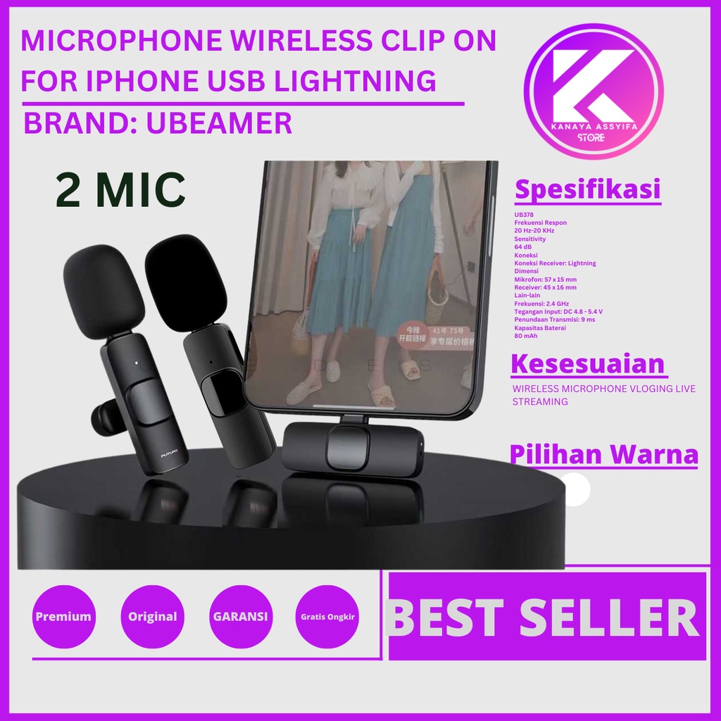 Clip On HP Iphone Ubeamer Wireless Mircophone Clip on Lavalier Lapel Microphone Vlogger Youtuber  Interview Livestream Lightning - UB378