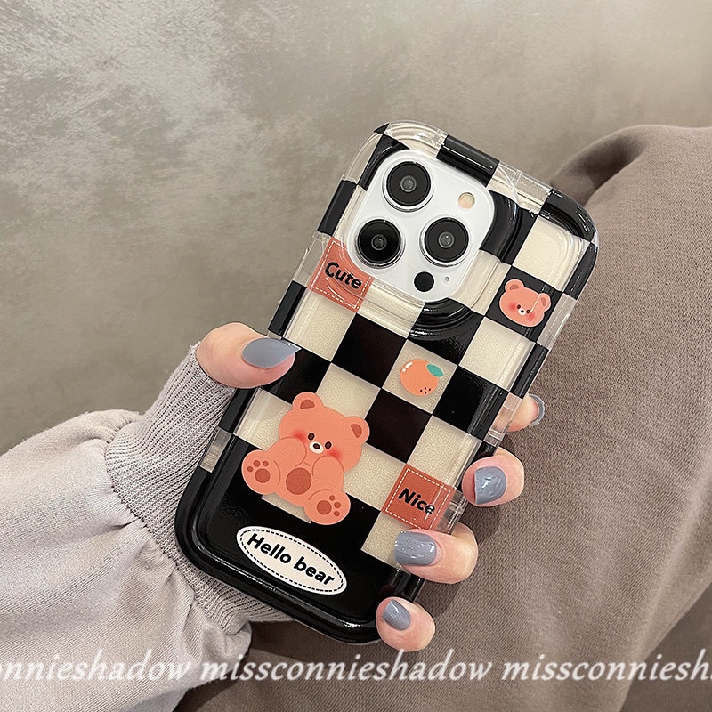 Couple Case Kompatibel Untuk iPhone 7Plus 8Plus 11 Pro MAX XR 13 12 14 Pro MAX 7 8 6 6S Plus X XS MAX Checkerboard Beruang Lucu Kelinci Shockproof Airbag Lembut TPU Lovers Phone Case