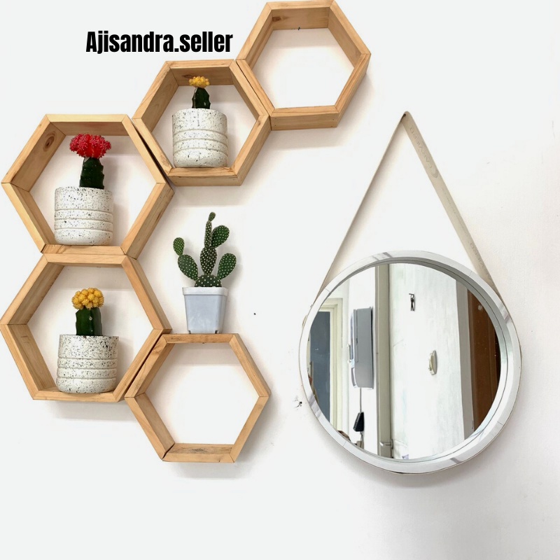 Cermin Gantung Dinding Aesthetic Bundar Bulet Bulat Frame Tebal Perlengkapan Dekorasi Dinding Kamar Tidur Cewek Ruang Tamu Toilet Mandi Rumah Motif Kayu Aestetik Estetik Vintage Diameter 35CM Lengkap Tali Kantungan Kulit Sintetis Sabuk Hanging Miror