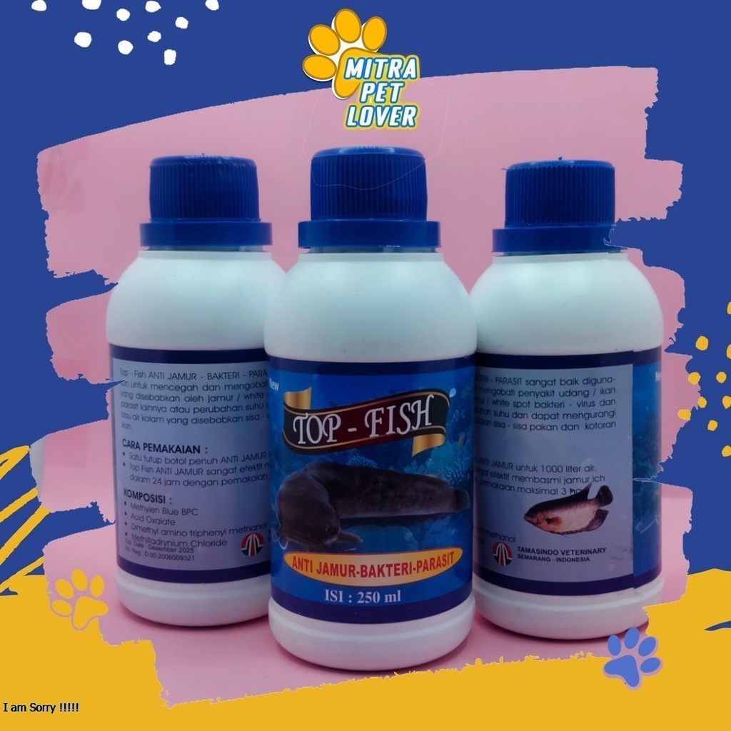 OBAT JAMUR IKAN - TOP FISH BIRU 250ML - MENGOBATI JAMUR BAKTERI PARASIT VIRUS IKANN HIAS KOI MENGURANGI BAU KOLAM - MURAH ASLI GARANSI KUALITAS ORIGINAL - PET ANIMAL HEALTHCARE &amp; VETERINARY TAMASINDO OBAT KESEHATAN &amp;  VITAMIN TERNAK HEWAN  MITRAPETLOVER