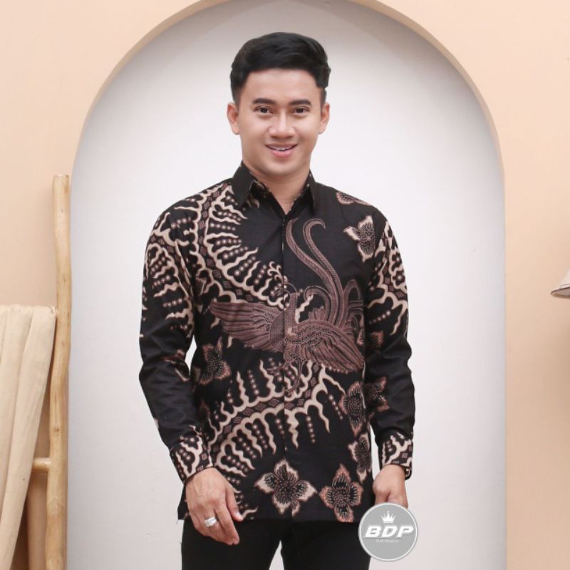 Batik pria lengan panjang kemeja batik pria new motif kelabang hitam m l xl xxl modern elegan