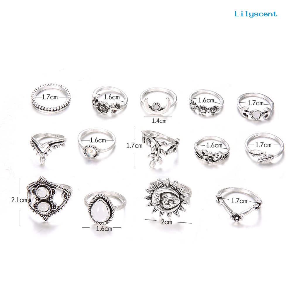 [LS] 14 Pcs Vintage Bunga Matahari Bulan Jari Midi Knuckle Rings Set Wanita Pesta Perhiasan