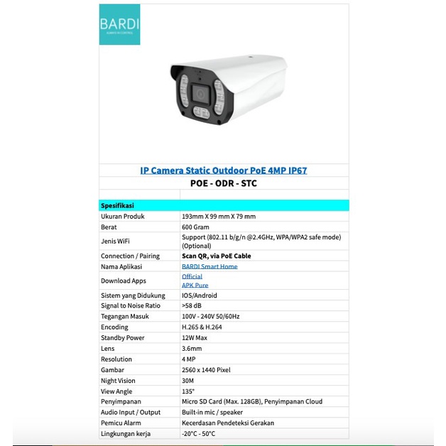 BARDI IP CAMERA OUTDOOR CCTV POE STC IP67 4MP 1440p Kamera waterproof