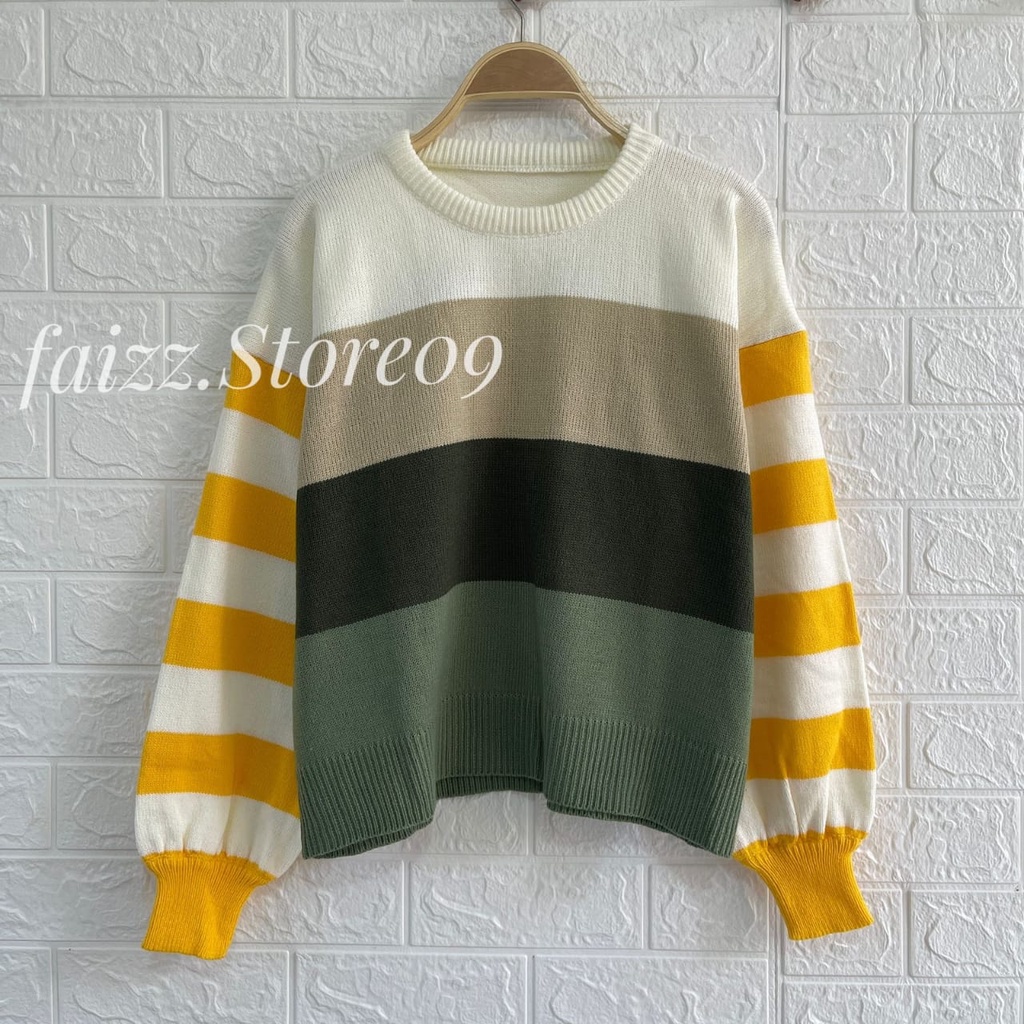MELANDA SWEATER RAJUT STIRIPE BLASTER ATASAN WANITA LENGAN PANJANG