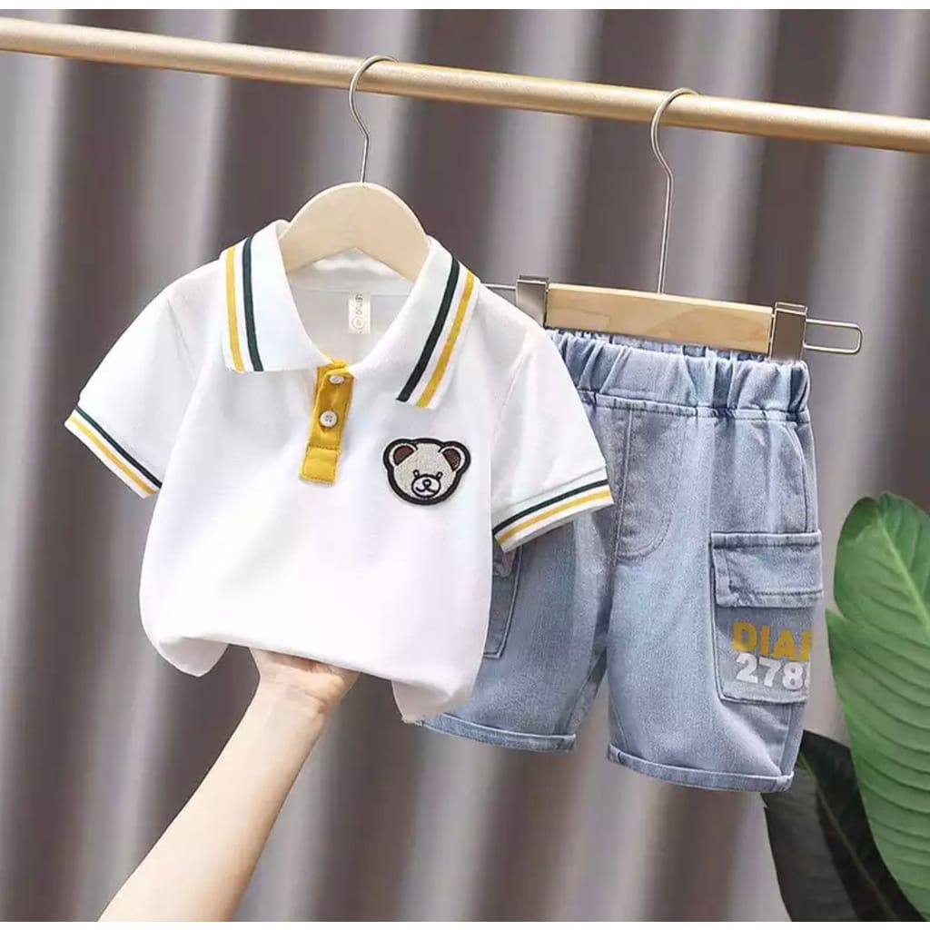 PROMO-SEELAN ANAK BAJU ANAK PAKAIAN ANAK LAKI LAKI TERBARU SETELAN POLO BEAR DENIM 1-5 TAHUN