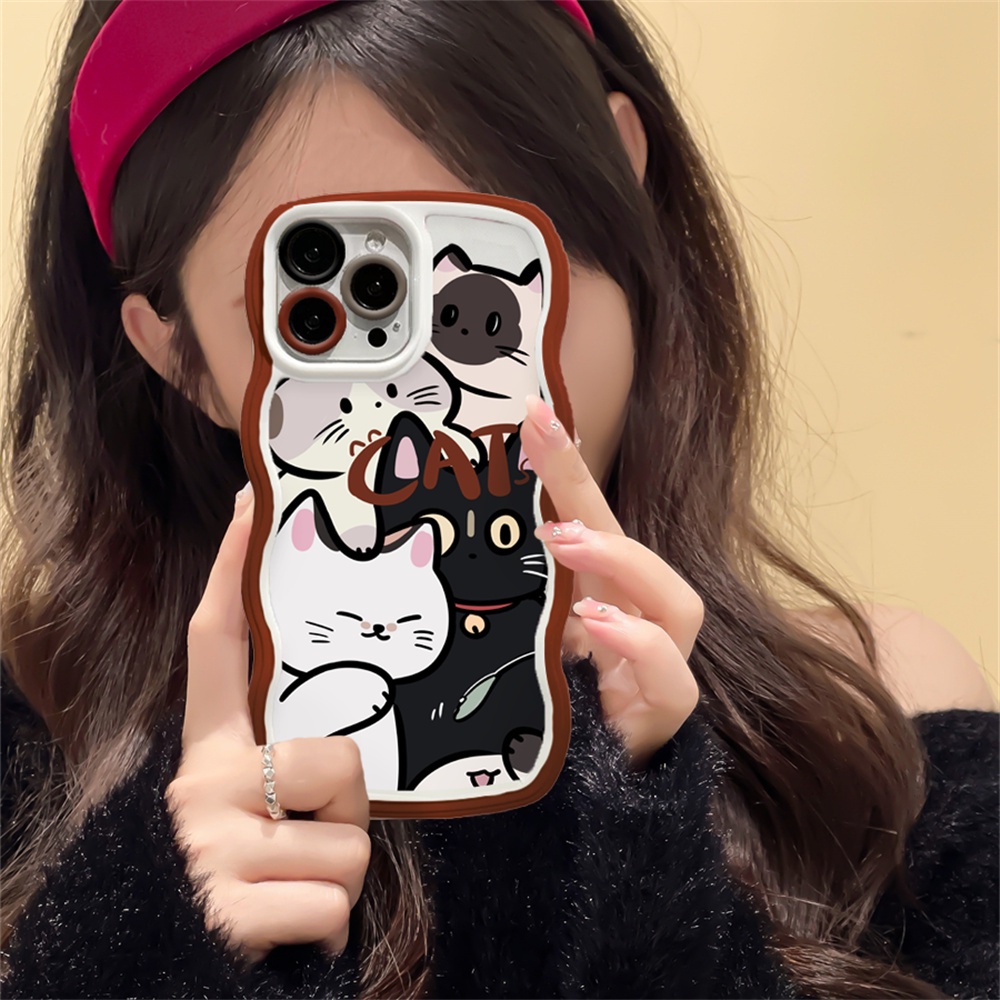 IPHONE Case Fashion Kompatibel Untuk Iphone11 14 12 13 Pro MAX iPhone7 8plus 6s Plus XR 14Plus XS MAX SE 2020pinggiran Bergelombang Lukisan Minyak Doodle Kartun Kucing Shockproof TPU Soft Back Cover BY