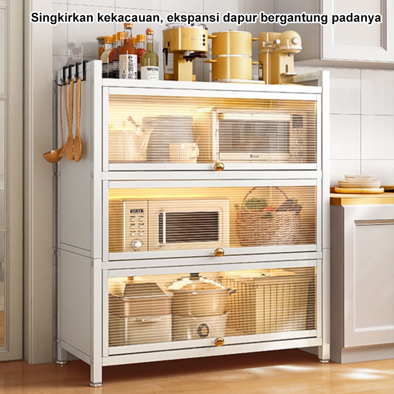 Rak dapur Lemari Piring Multi-layer Lemari Dapur berdiri di lantai dengan Rak Penyimpanan Kabinet Pintu Rak Oven Microwave