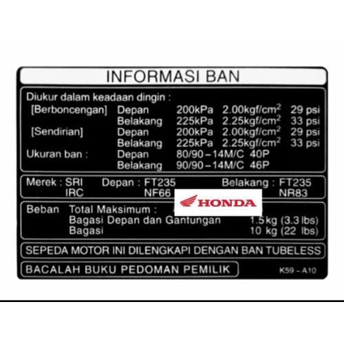 stiker informasi ban k59 pelengkap motor honda/ beat / vario / scoopy