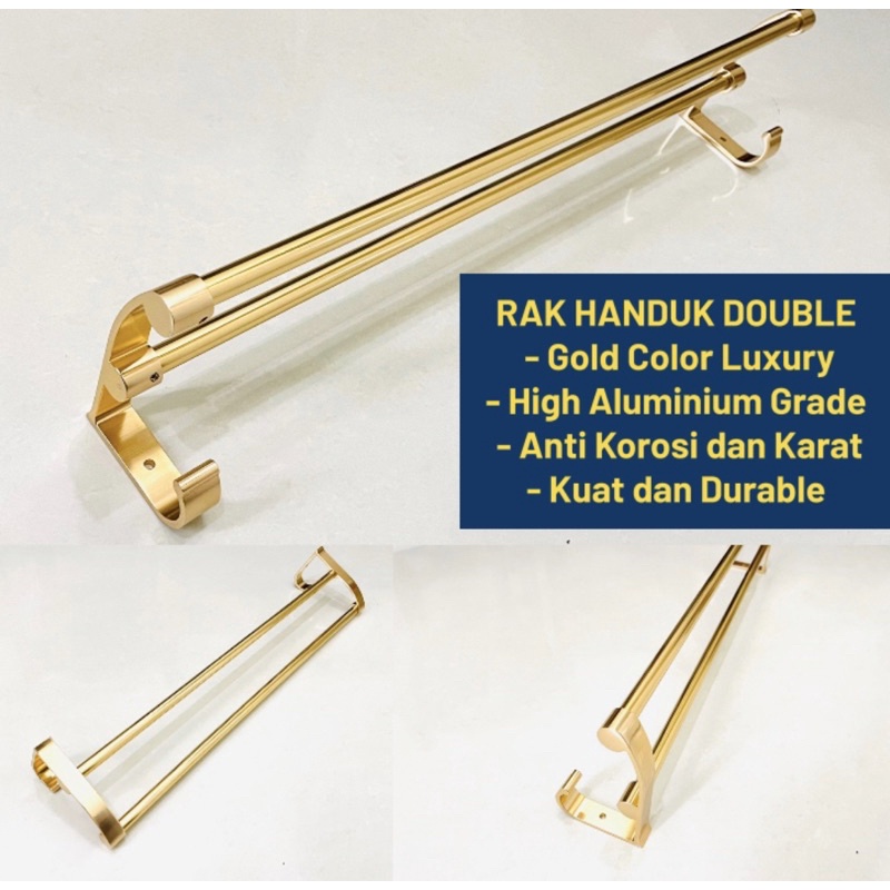 Rak Handuk Dinding 2 Susun - Tempat Handuk Gantungan Towel Rack GOLD - Rak Kamar Mandi