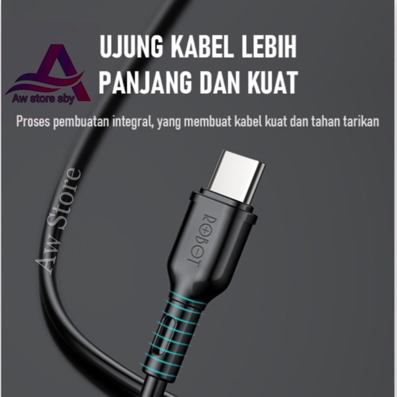 ROBOT COLORFUL KABEL DATA TYPE C FAST CHARGING 2.4A STRONG MATERIAL STYLISH DESIGN 100cm USB CABLE ORIGINAL