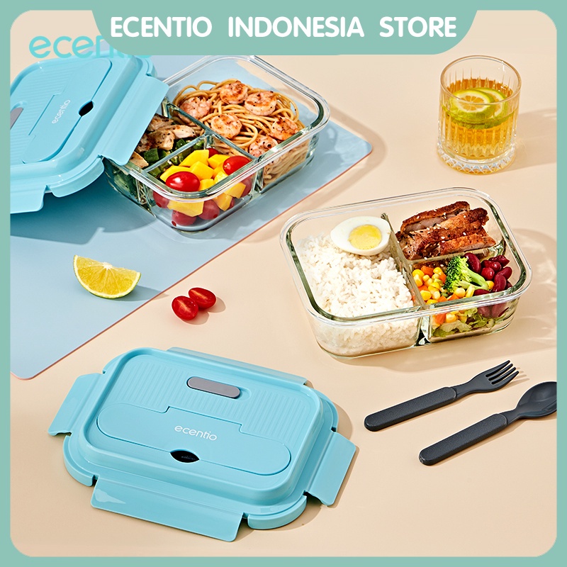 ecentio lunch box kaca 1040ml 3 grid biru kaca borosilicate berkualitas tinggi dan sendok/Free BPA