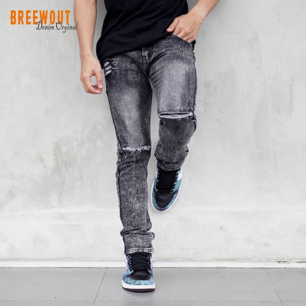 Celana Panjang Pria Jeans Premium Sobek Lutut / Jeans pria sobek lutut tidak tembus  / Celana jeans distro abu model sobek kekinian / Celana Jeans Pria Skinny Slimfit Ripped Stretch Meral