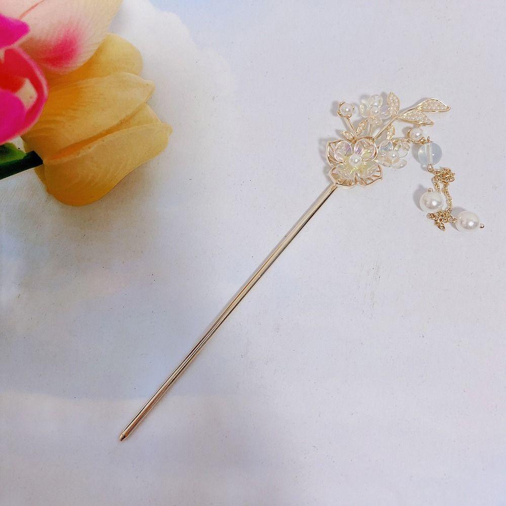 Needway Hanfu Rambut Stik Elegan Manis Mutiara Bunga Fashion Hiasan Kepala Gaya Kuno Tahun Baru Jepit Rambut Chinese Hair Fork