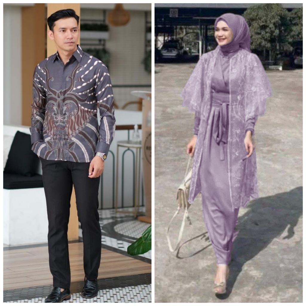 SHOPASHOP SOLO Batik Couple Dress Raya Kimono belt &amp; outer tulle mutiara Kombinasi Kemeja batik Lengan panjang