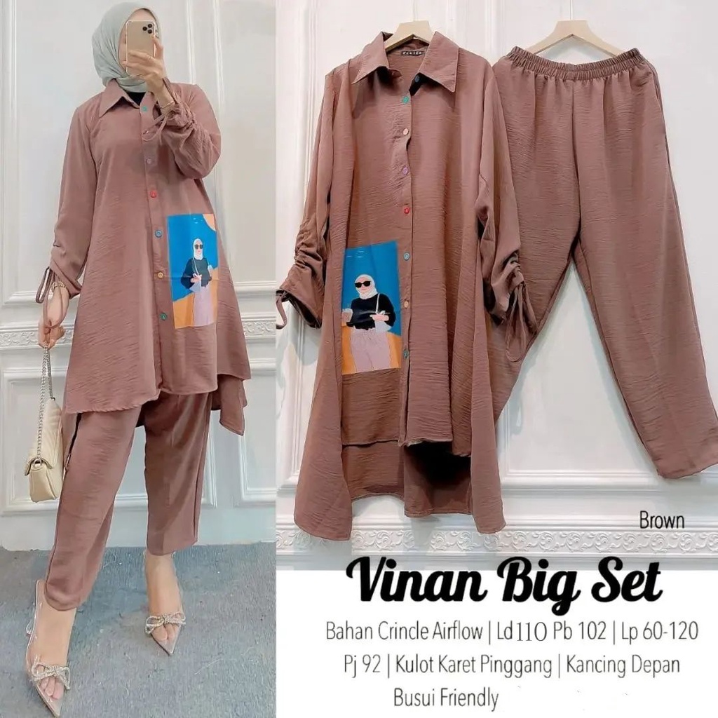 One Set Kemeja Lengan Kerut Sablon Kekinian Plus Celana Model Viral Kekinian / Daily Hijab Simple / Outfit Gaya Korea One Set Setelan Wanita Korean Style Baju Wanita ala Selebgram Paket Ootd Hemat Fashionable / Vinan big set