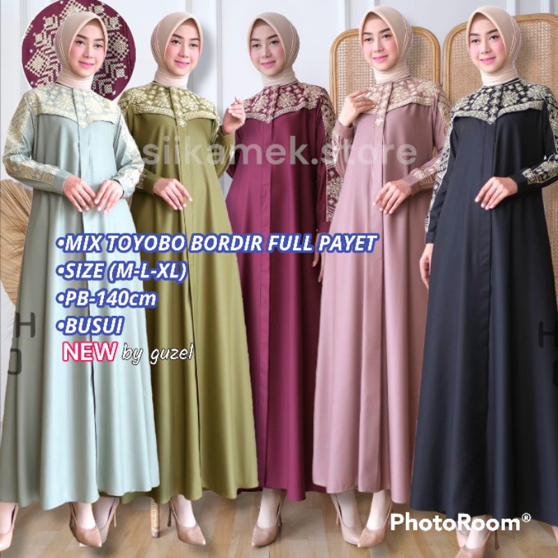 GAMIS BAHAN TOYOBO KOMBINASI BORDIR FULL PAYET TERBARU GAMIS PESTA LEBARAN KEKINIAN