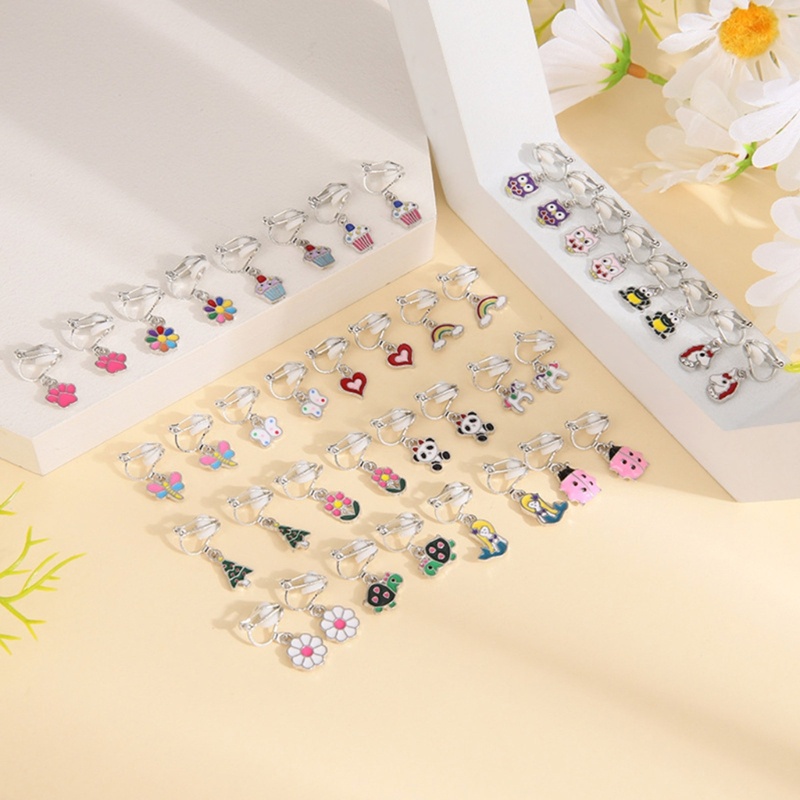 Sa 20pasang Anting Klip-on Hewan Hati Bunga Daisy Anting Wanita Warna Campur Tanpa Sakit Tidak Berlubang Anting Set