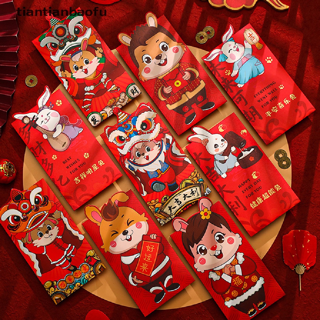 [tiantianbaofu] 6 Pcs Amplop Merah Imlek Amplop Merah Kantong Merah Chinese Red Packets Hong Bao Amplop Uang Keberuntungan Butik