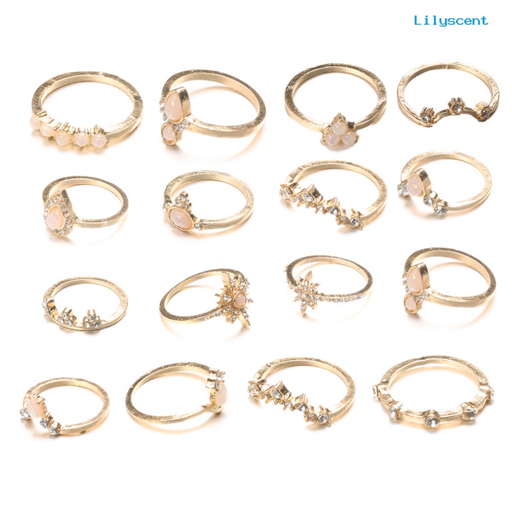 [LS]16Pcs /Set Mahkota Bentuk Berlian Imitasi Knuckle Rings Alloy Bohemia Stackable Finger Rings Perhiasan Aksesori