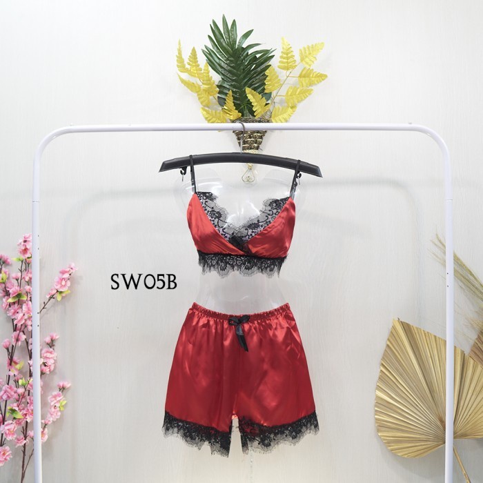 BAJU TIDUR SEXY BIKINI PIYAMA LINGERIE SEXY WANITA SATIN MERAH SW05B KUALITAS IMPORT 
