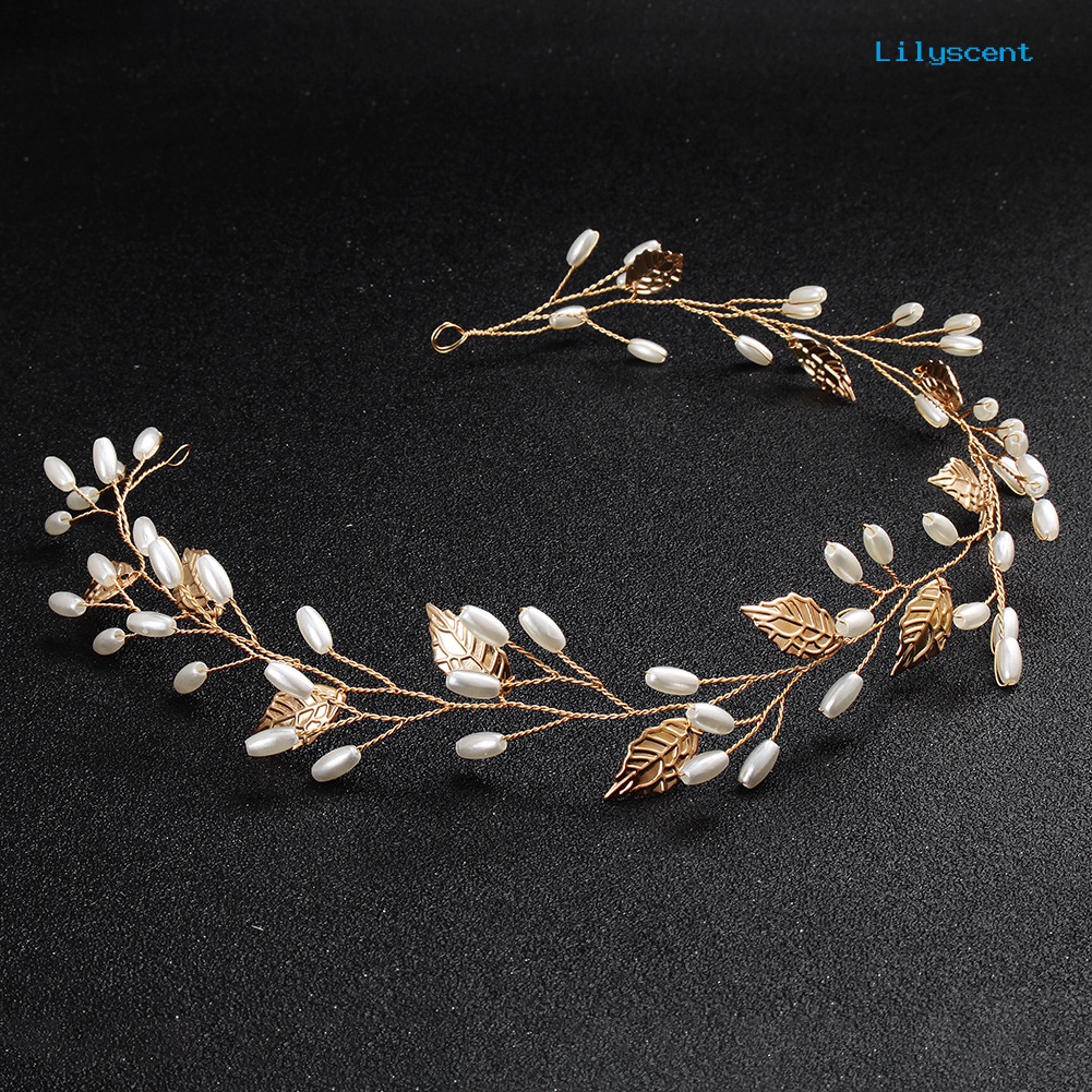 [LS]Elegant Wanita Pernikahan Hiasan Kepala Daun Mutiara Imitasi Bridal Headdress Hair Band