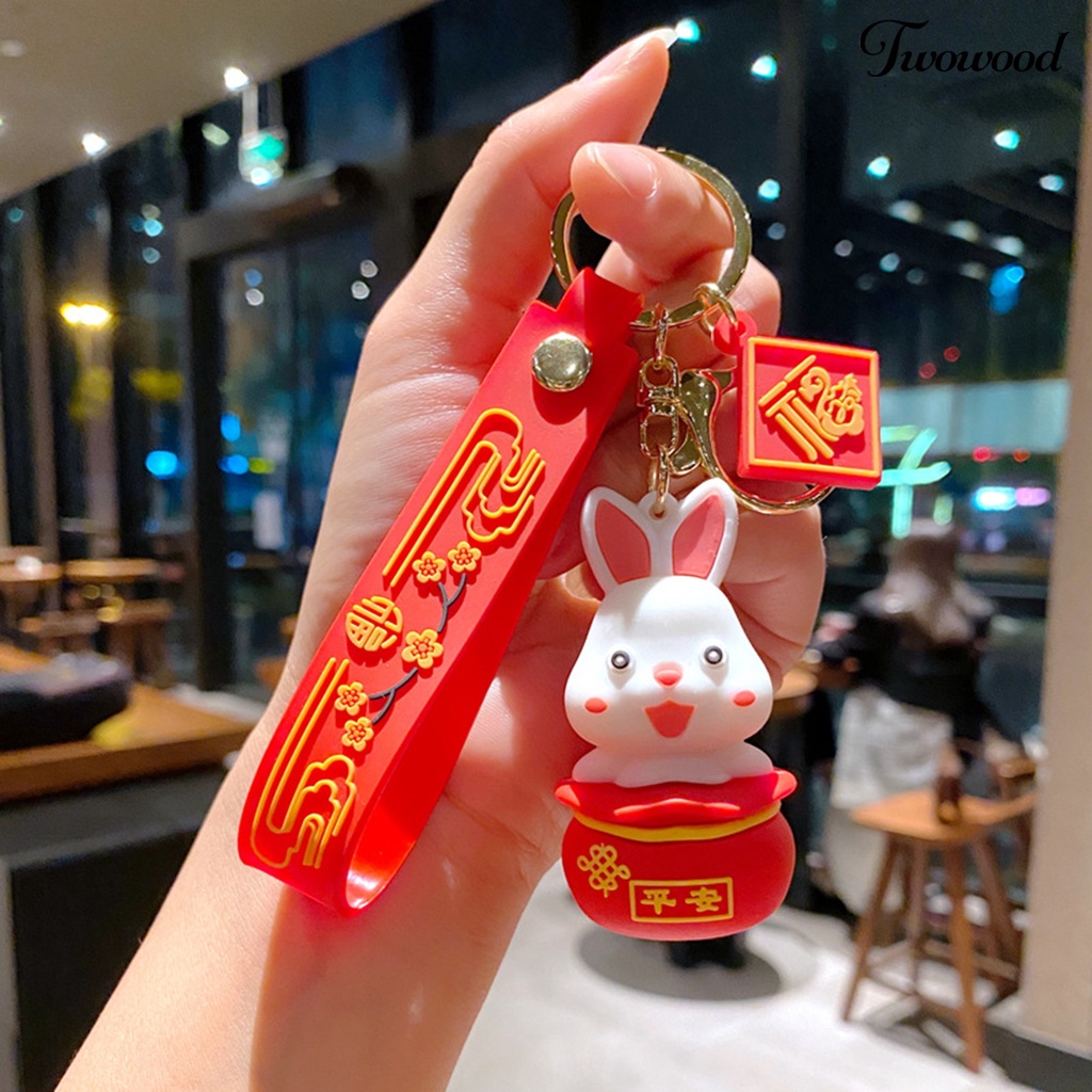 Twowood Rabbit Key Chain New Year Zodiak Maskot Harapan Terbaik Merah Hias Motif Bunga Tas Sekolah Bunny Key Pendant Hadiah