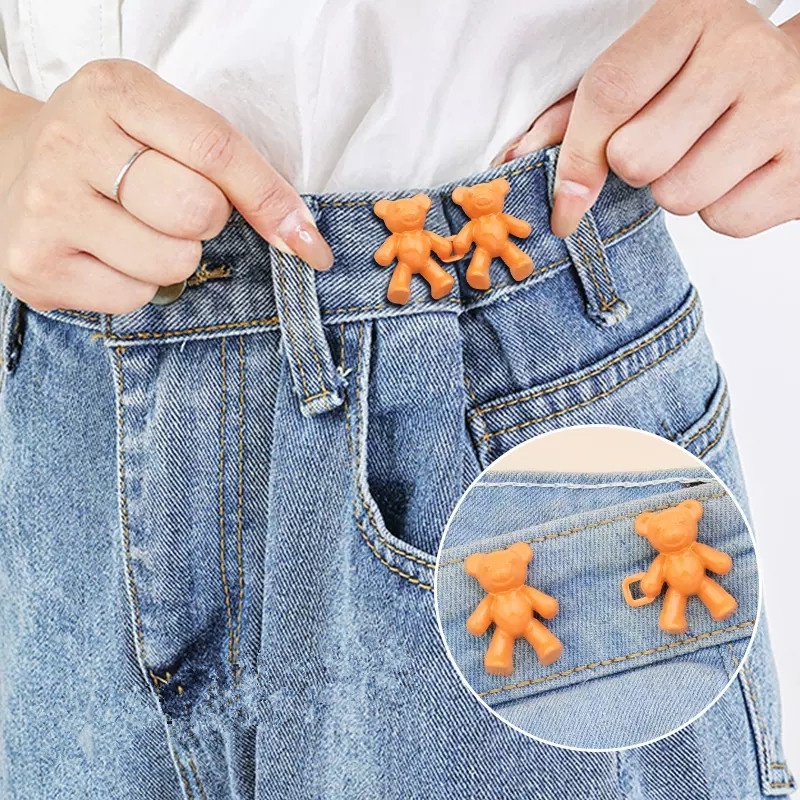 Papaozhu 1pasang Lovely Bear Celana Pengencang Pinggang Kancing Pin Untuk Jeans Tanpa Jahitan Kancing Instan Detachable Waistband Tighten Buckle for Trousers Skirt Clothes