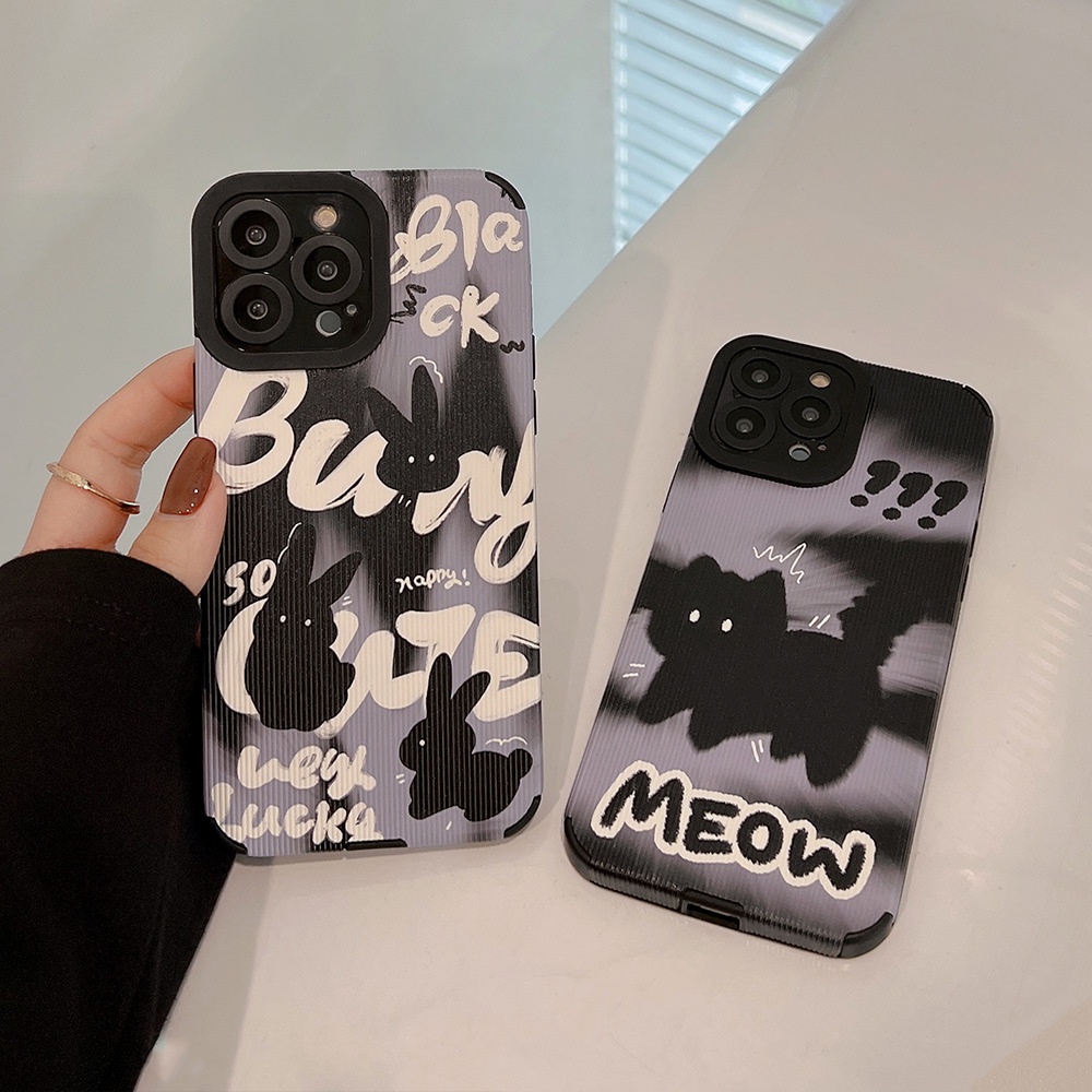 IPHONE Ins Lucu Kelinci Hitam Shock Kucing Kartun Silikon Case Untuk Iphone14 11 12 13 PRO MAX Casing Cover Pelindung AT0212