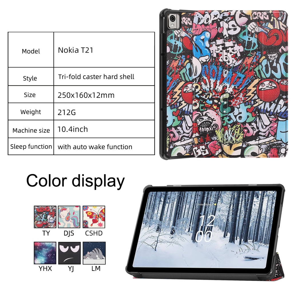 Untuk Nokia T21 (2022) 10.4 &quot;TA-1495 TA-1521 TA-1505 TA-1487 Tablet Perlindungan Case Fashion Pola Dicat Tiga Lipat Custer Flip Stand Casing Kualitas Tinggi PU Leather Cover