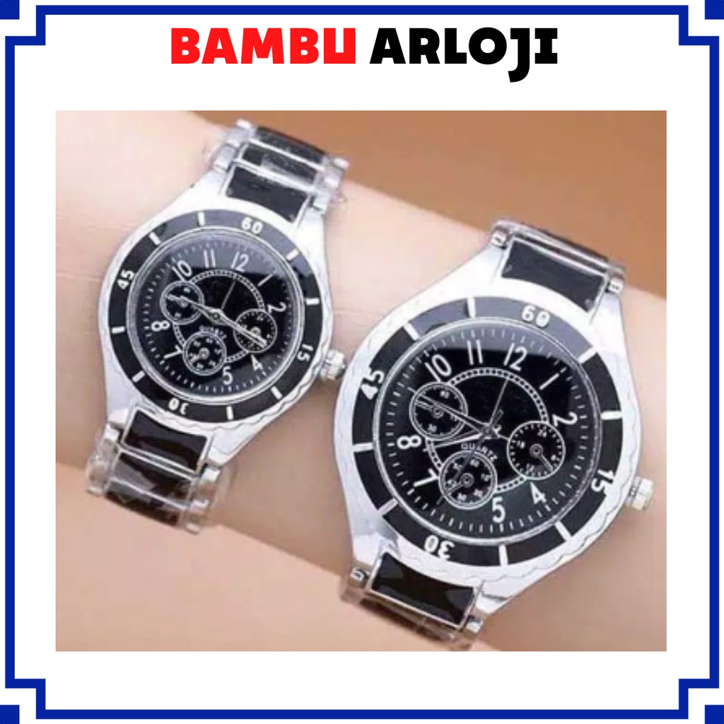 BAJ JAM TANGAN COUPLE PASANGAN PRIA WANITA RANTAI CHRONO KERAMIK STAINLEES GROSIR CH001