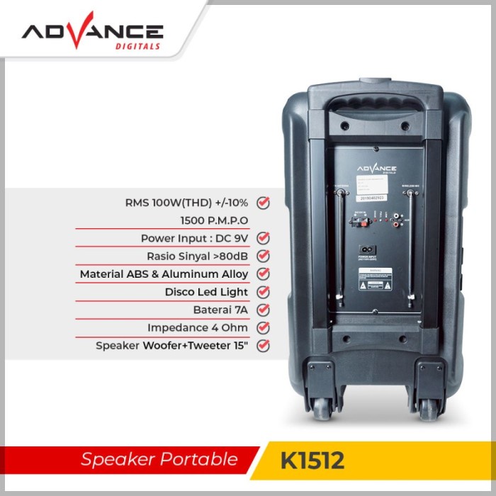 ADVANCE K1512 / K-1512 Speaker Portable Bluetooth + Mic Wireless Karoeke 15 inc