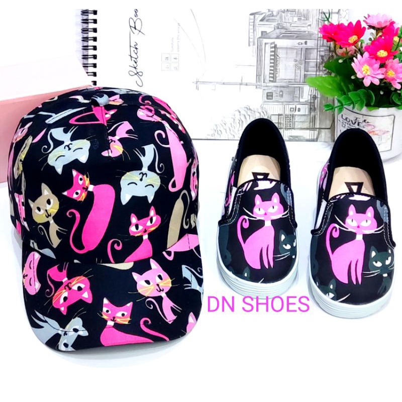 Paket Sepatu Anak Perempuan Topi Anak Perempuan Paket Slip On Topi Pet Anak Perempuan Lucu Murah Karakter Kucing Hitam