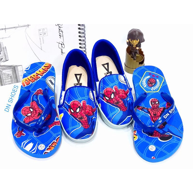 Sepatu Anak Laki laki Paket Sepatu dan Sandal Jepit Anak Laki Laki Karakter Spiderman Biru Navy