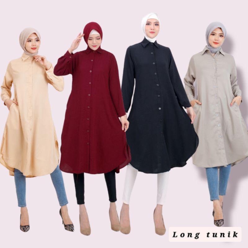 LONG TUNIK WANITA MURAH/KANTONG KIRI KANAN (BAHAN MOSCREP )