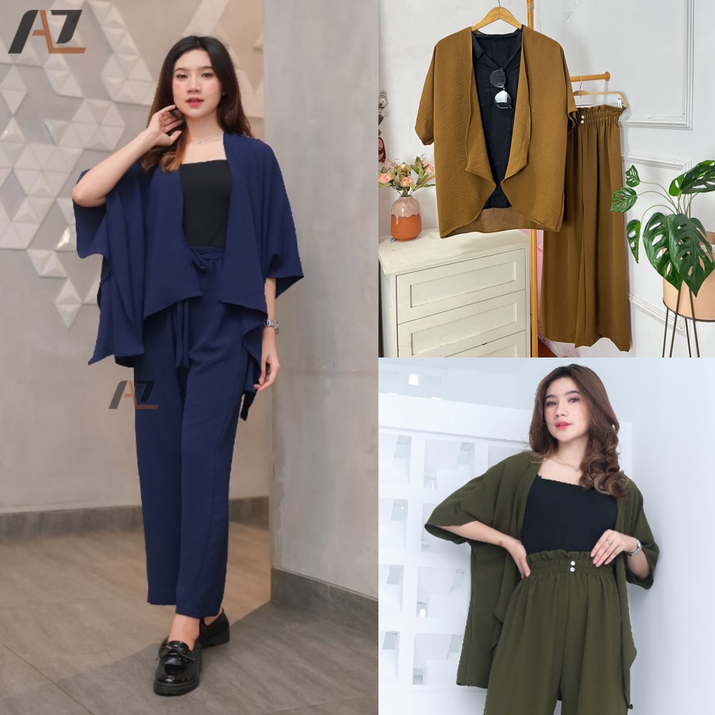 Baju One Set Outer Wanita Jumbo Lengan Pendek Crinkle Premium Polos / Setcel Celana Kulot Panjang Se