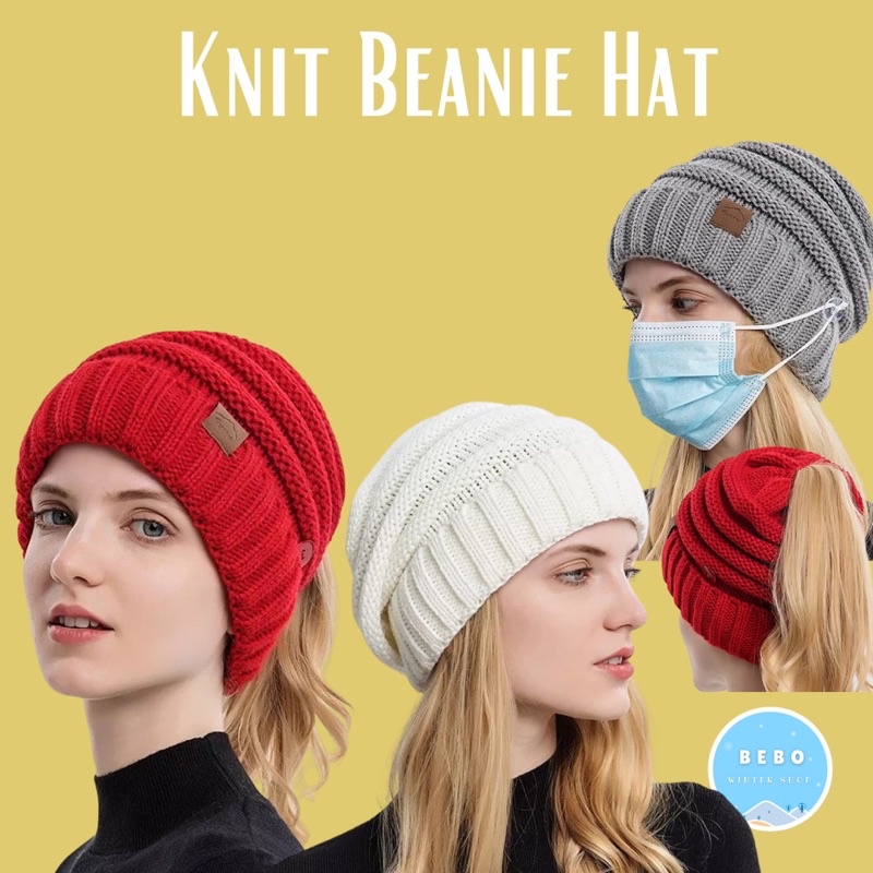 Topi kupluk rajut hangat Knit Winter Beanie Hat Ponytail