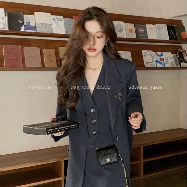 Suhao Royal Sister Style Suit Jaket Pendek Rompi Fishtail Rok Setelan Jas Tiga Potong Tingkat Tinggi Komuter Profesional Wanita musim Gugur Pakaian