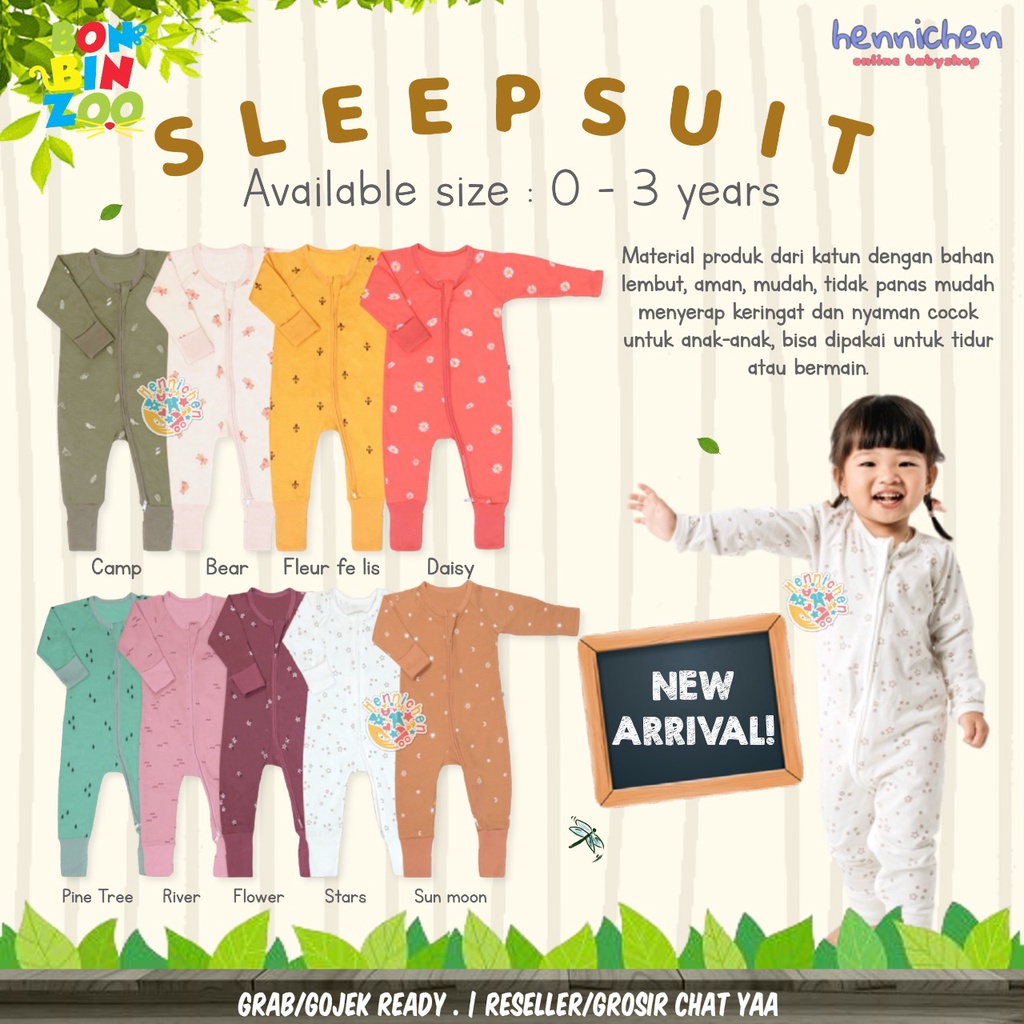 Sleepsuit Resleting Bonbinzoo Nature Series SNI bahan halus 0-12 Bulan S M L