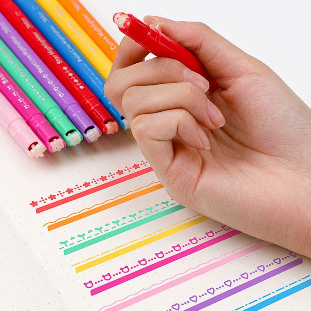 Nanas 8Pcs Curve Stabilo Pen Art Stationery Graffiti Berbentuk Bunga Garis Kurva Berkepala Ganda Warna Terintegrasi