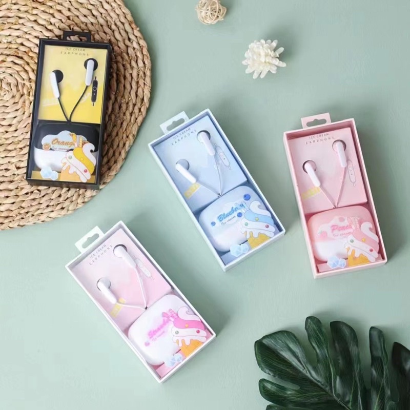 [ XY 73 ] Set Headset Earphone karakter model series  ICE CREAM DAILY plus Wadah penyimpanan Earphone Motif