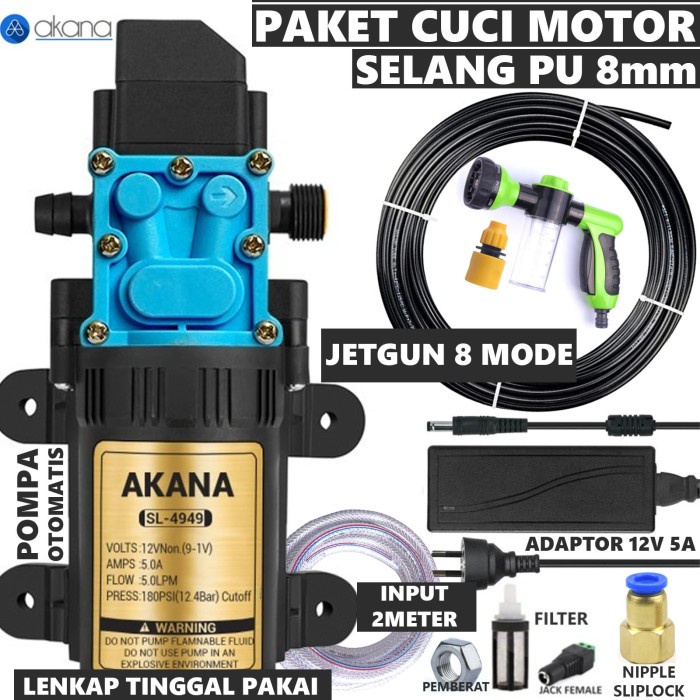 Paket Lengkap Cuci Mobil Selang Pu 8mm Pompa AKANA 4949 - Otomatis