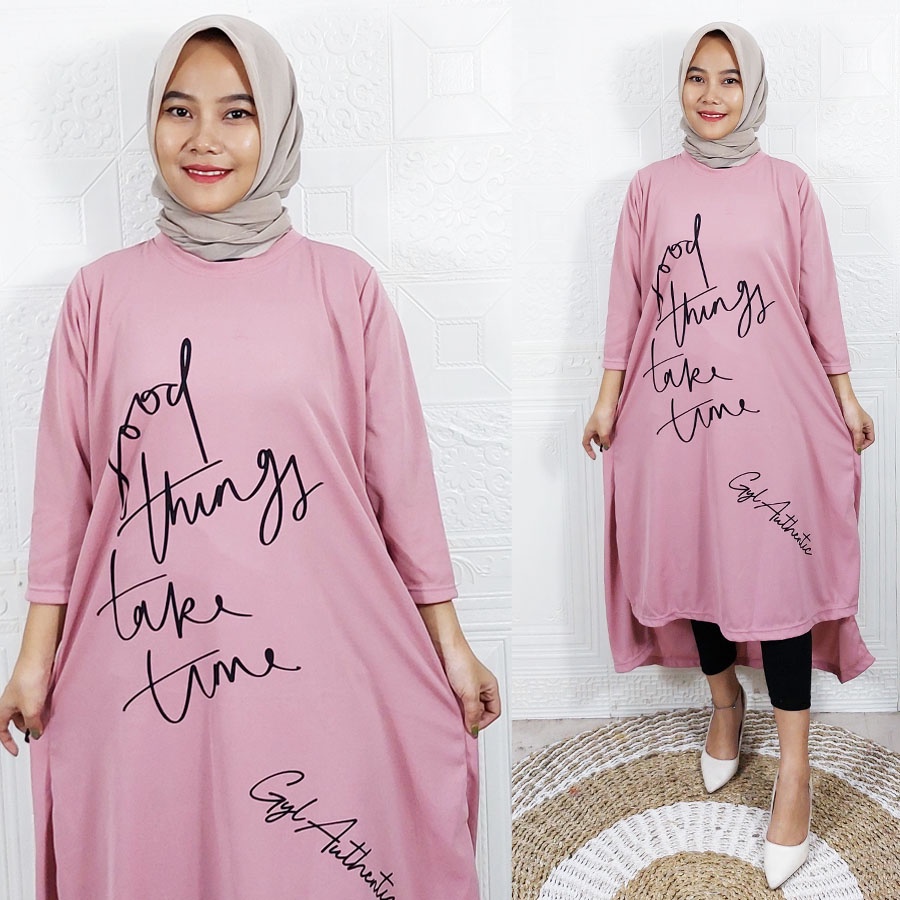 CARLINA GOOD THINGS TAKE TIME LONG TUNIK OVERSIZE DRESS WANITA CANTIK