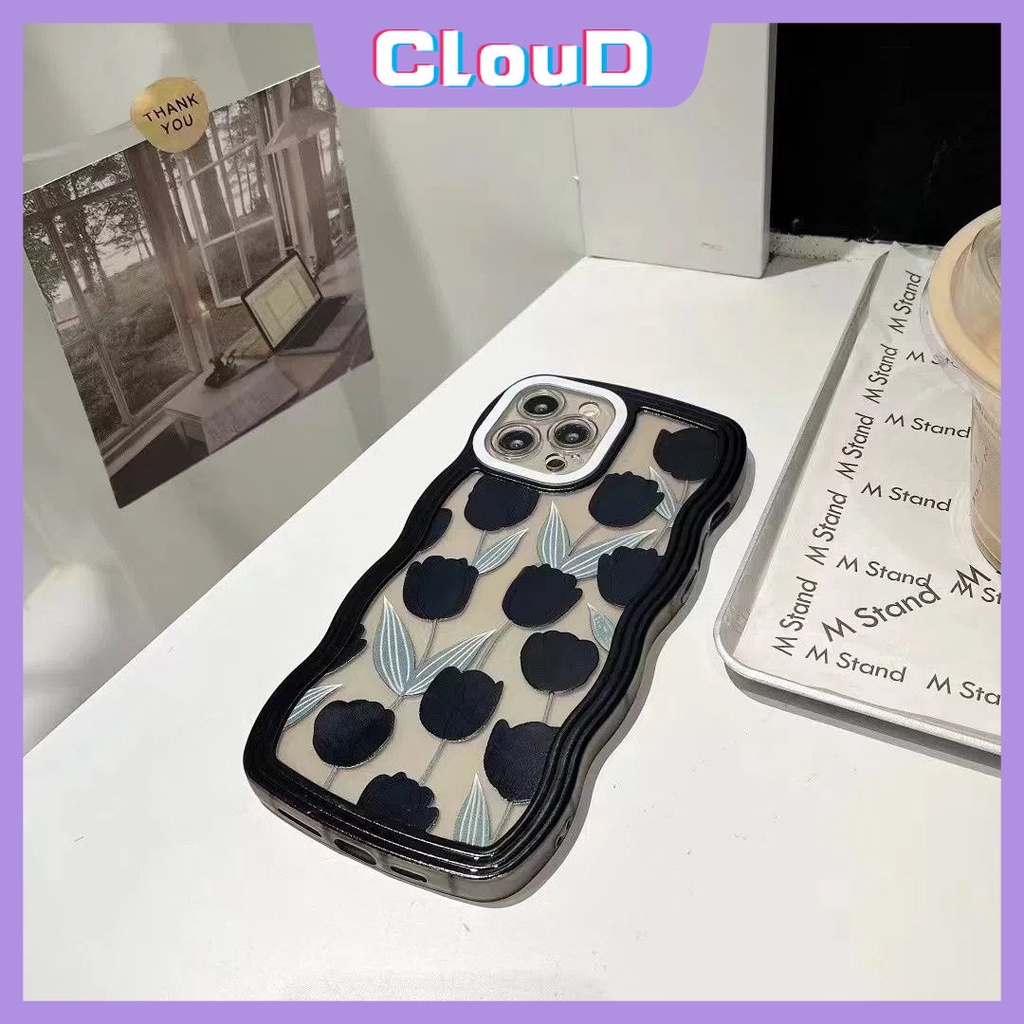 Casing Soft TPU Wavy Edge Case Samsung A14 A04s A50 A04 A30s A13 A21s A04E A32 A23 A52 A03 A31 A02s A22 A03s A52s A53 A12 A20 A50s F22 A33 A11 M22 A51 M32 Retro Bunga Tulip Hitam Cover